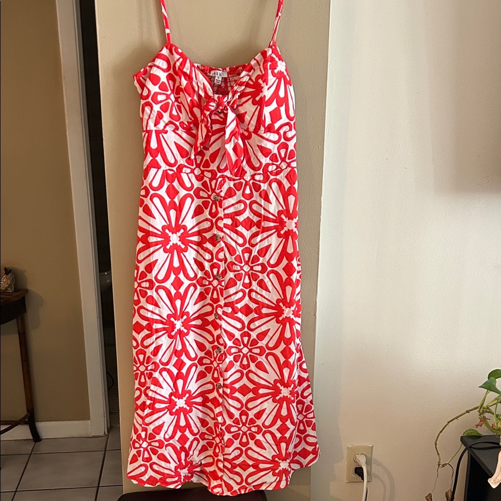 AUW Red and White Floral Tie-Front Midi Dress